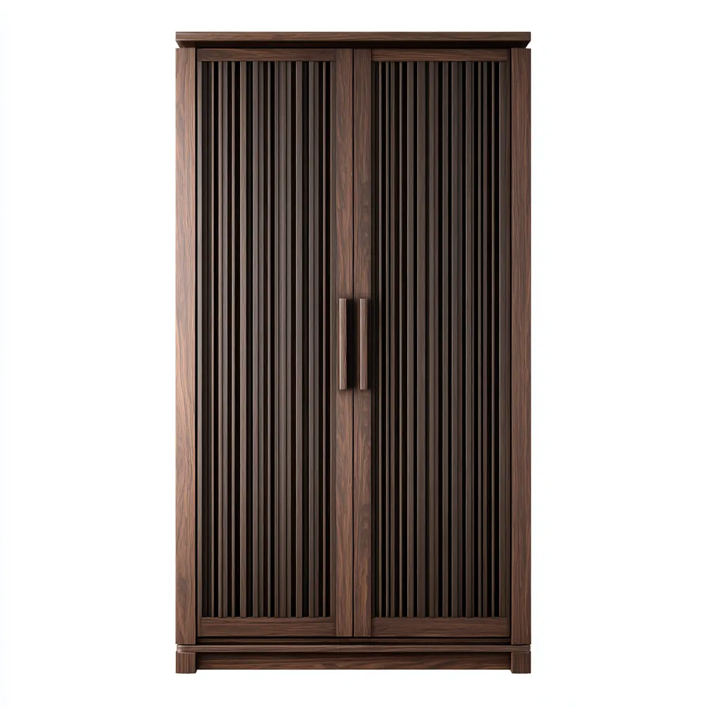 Armadio moderno in legno 140x60x200 cm - marrone - con ante a doghe verticali e spazi di archiviazione funzionali-Hutete