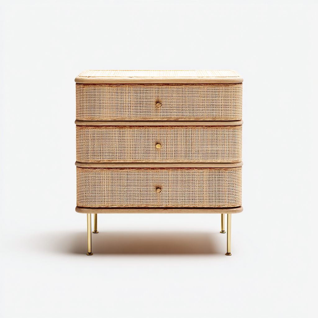 Cassettiera con 3 cassetti - rattan e legno chiaro - 75x40x80 cm - stile boho moderno-Hutete