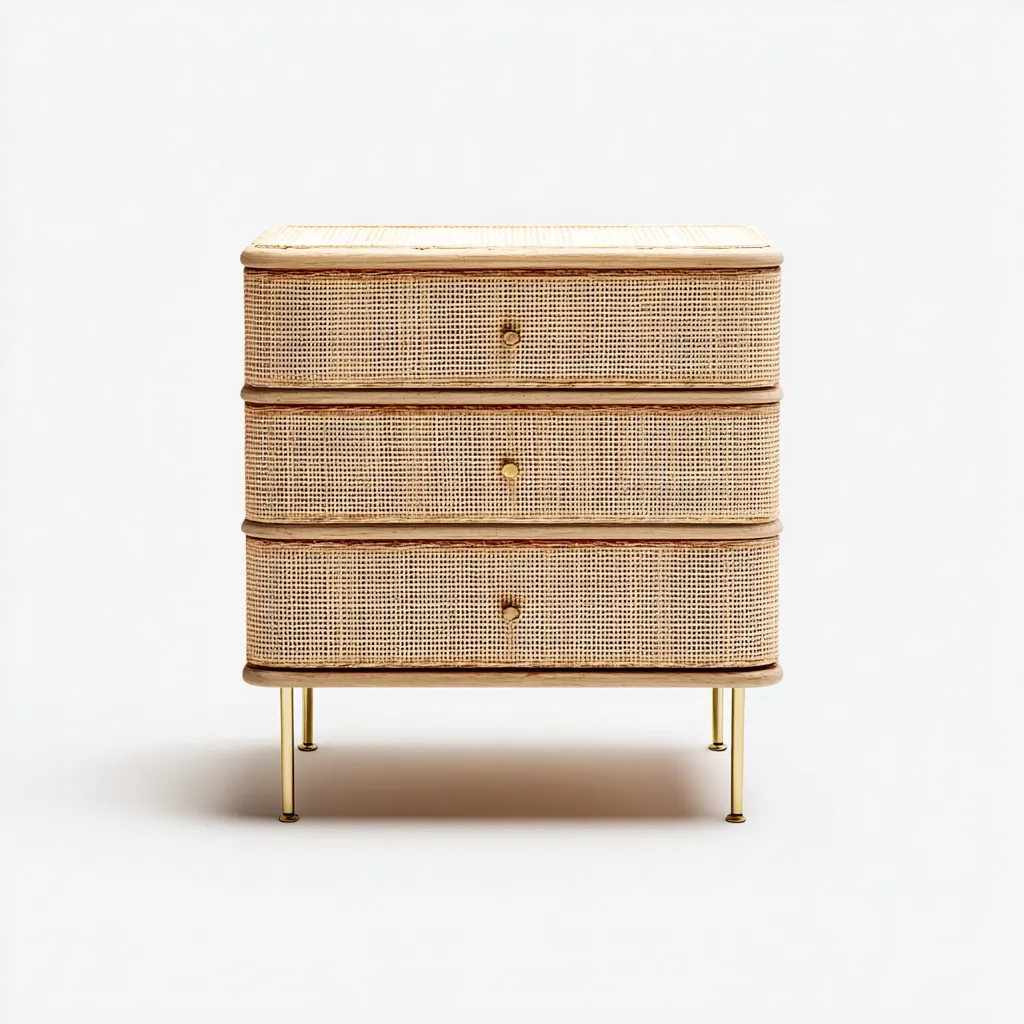 Cassettiera con 3 cassetti - rattan e legno chiaro - 75x40x80 cm - stile boho moderno-Hutete