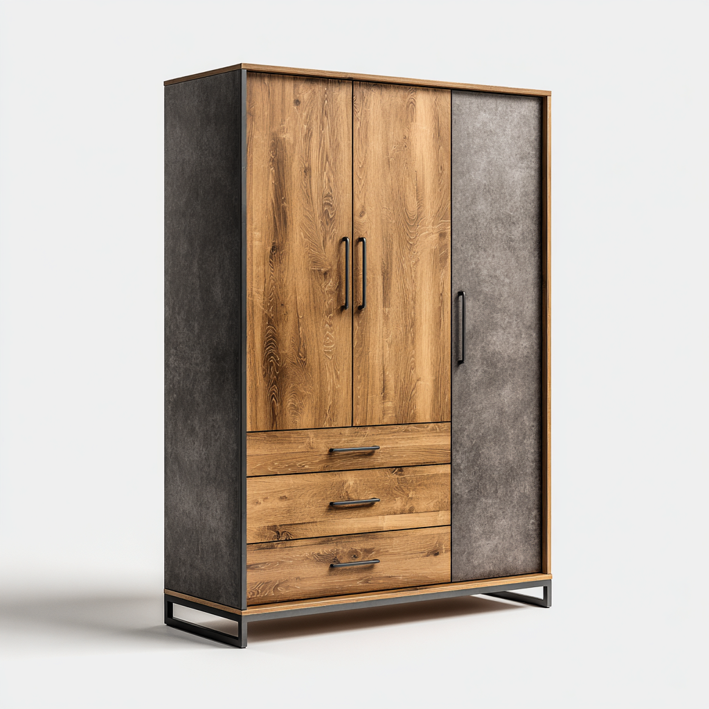 Armadio moderno in legno 165x55x200 cm - marrone-grigio - con spazi di archiviazione e struttura in metallo-Hutete