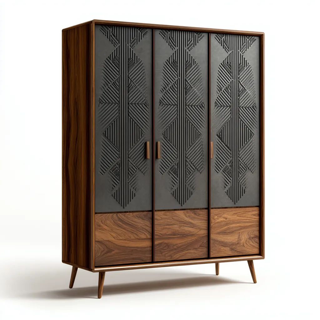 Armadio moderno in legno 170x60x210 cm - nero-legno scuro - con spazi di archiviazione e design geometrico-Hutete