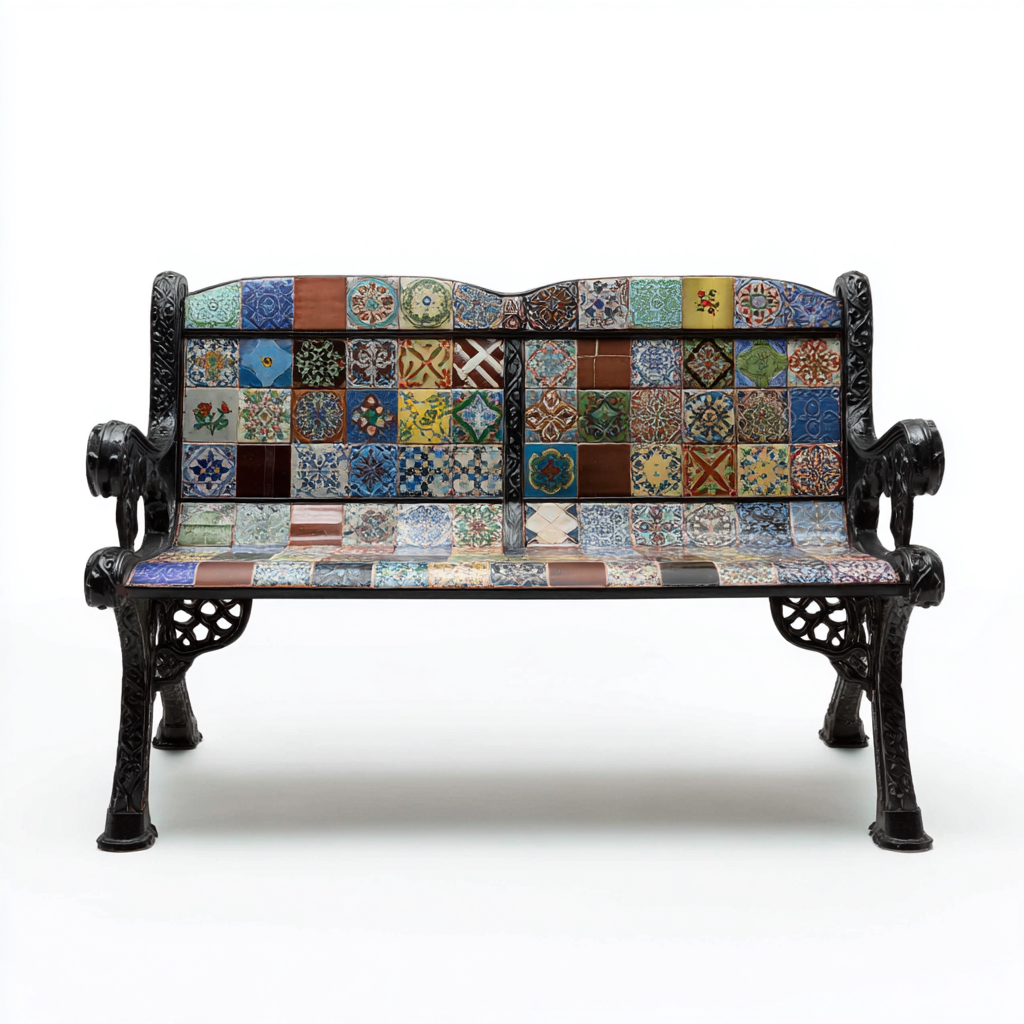 Panca da giardino in metallo e ceramica 130x55x85 cm - multicolore - design artistico con piastrelle decorative-Hutete