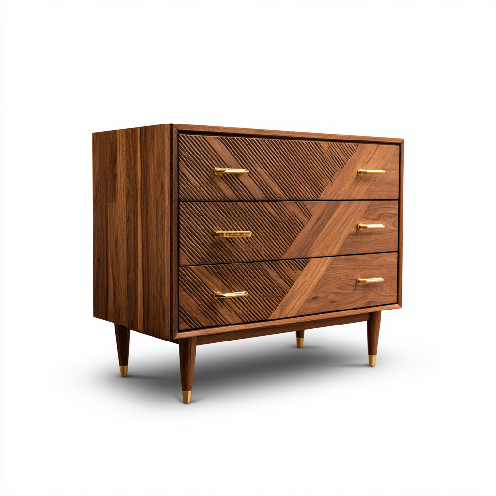 Cassettiera in legno scuro con maniglie dorate 100x45x80 cm - colore noce-oro - stile moderno retrò-Hutete