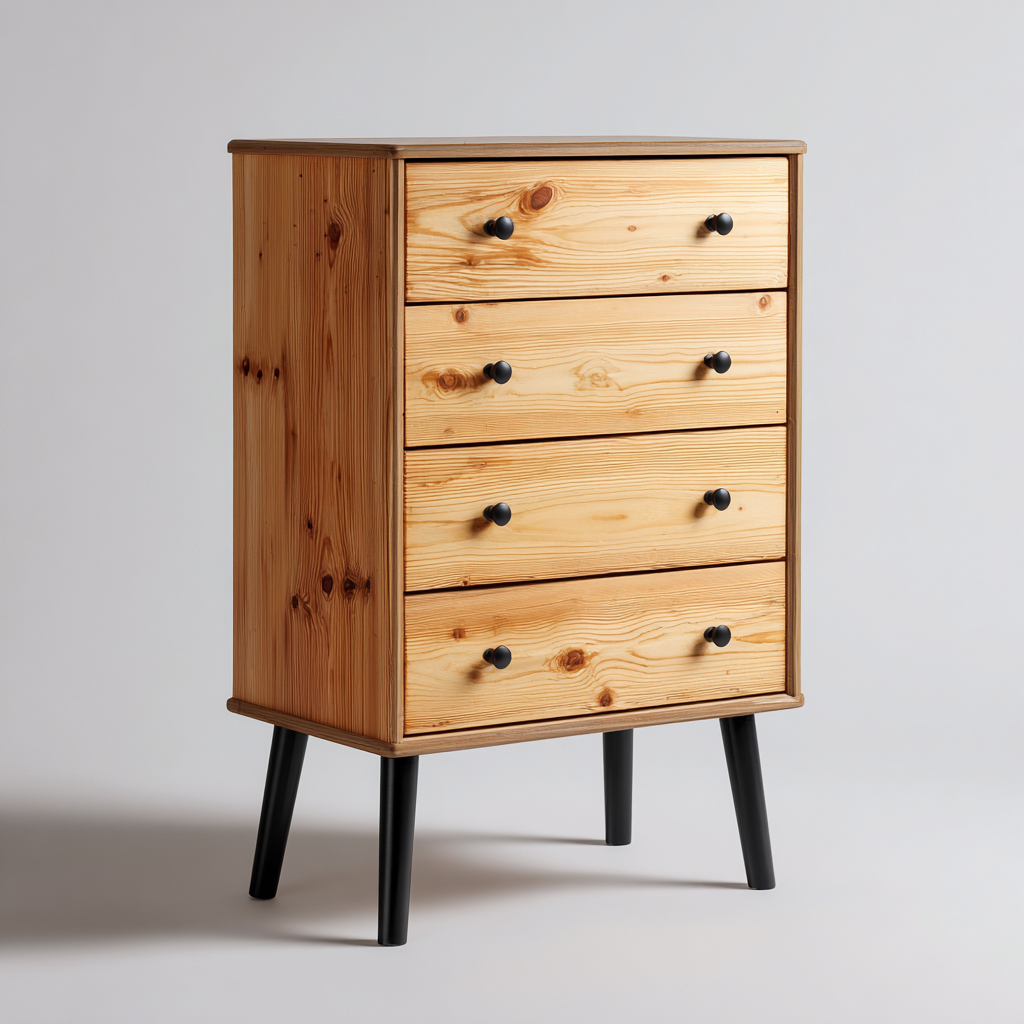 Cassettiera in legno di pino con gambe nere 75x45x105 cm - colore naturale-nero - stile scandinavo moderno-Hutete