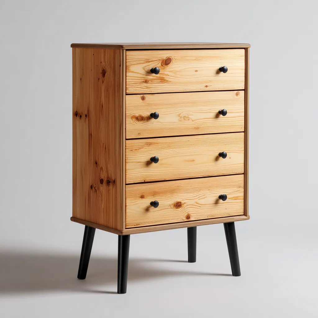 Cassettiera in legno di pino con gambe nere 75x45x105 cm - colore naturale-nero - stile scandinavo moderno-Hutete