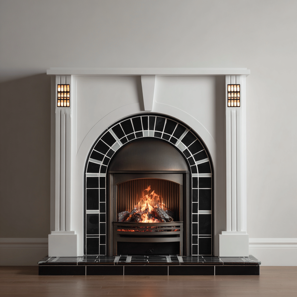 Camino elettrico 120x35x100 cm - bianco-nero - design classico con arco decorativo e rivestimento in ceramica-Hutete