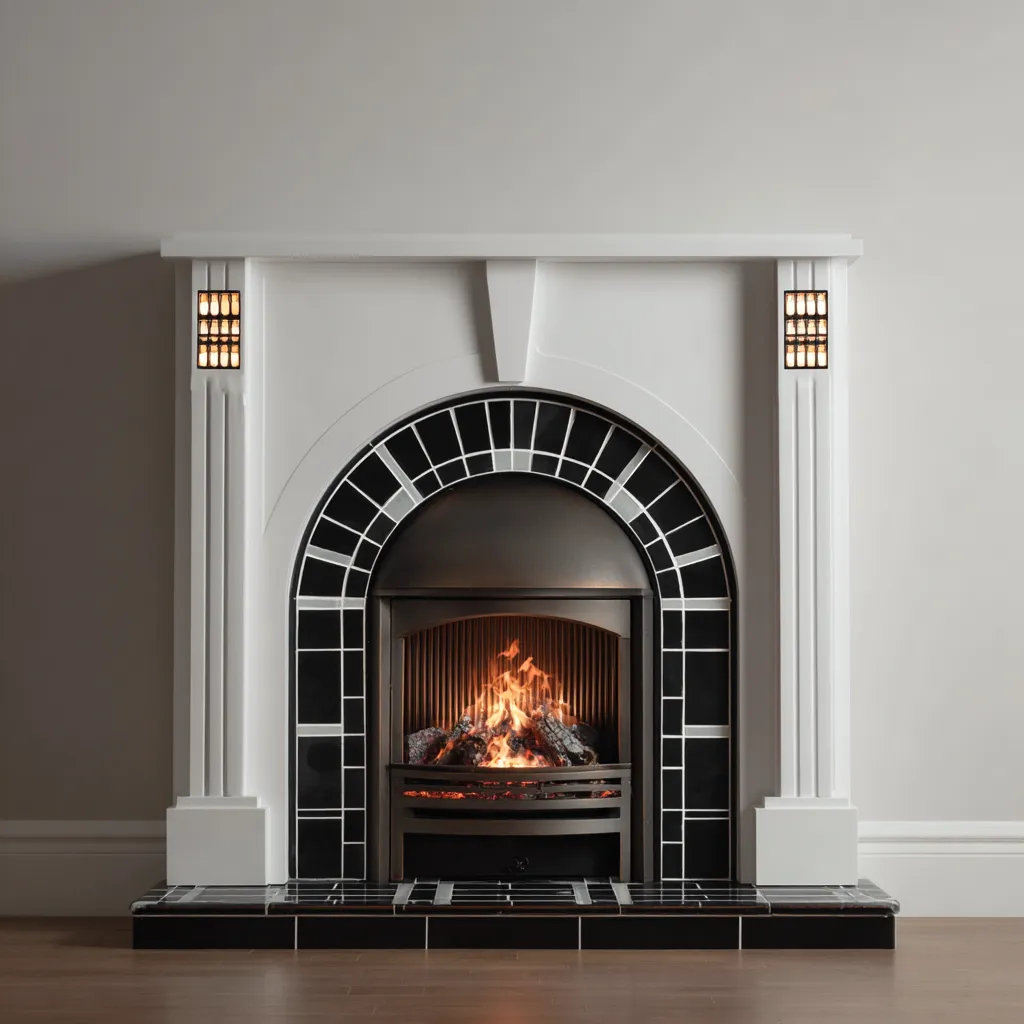 Camino elettrico 120x35x100 cm - bianco-nero - design classico con arco decorativo e rivestimento in ceramica-Hutete