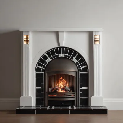 Camino elettrico 120x35x100 cm - bianco-nero - design classico con arco decorativo e rivestimento in ceramica-Hutete