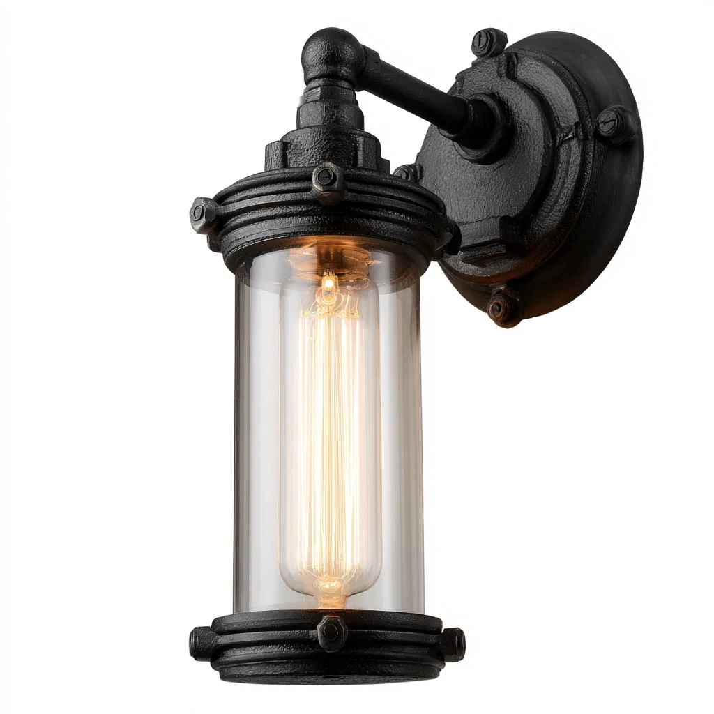 Applique in metallo e vetro - 14x17x34 cm - nero - stile industrial vintage-Hutete