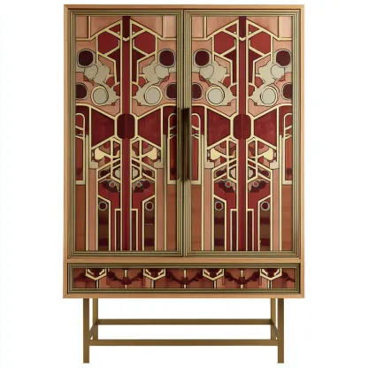 Armadio in legno 130x50x190 cm - rosso - con finitura decorativa e base in metallo dorato-Hutete