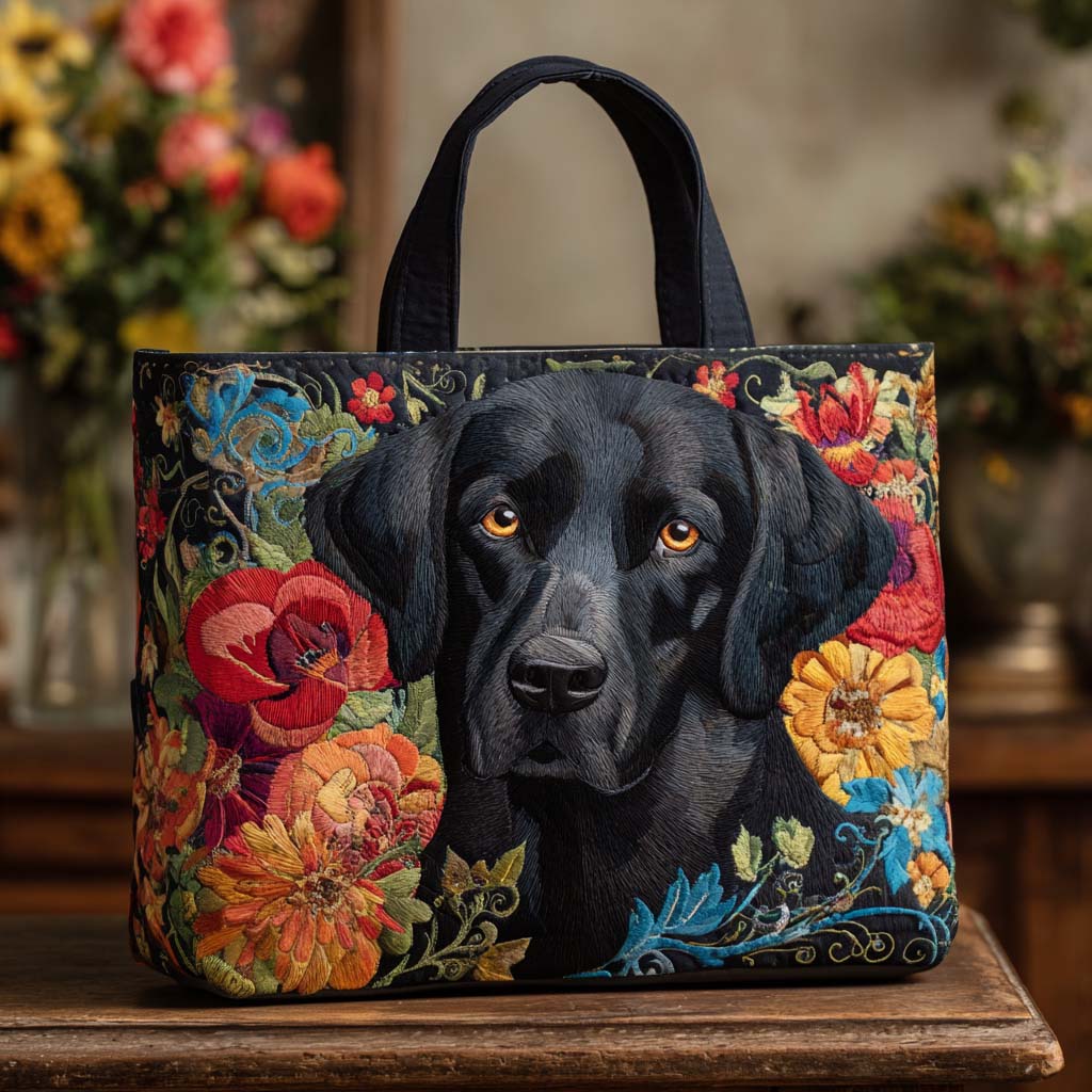 Floral Black Lab Quilted Tote Bag