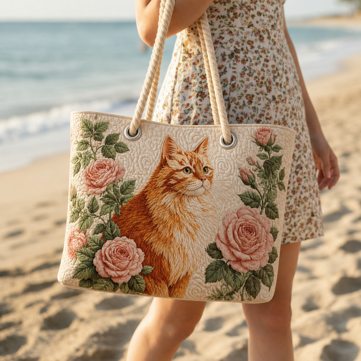 Rose Cat Quilted Beach Bag GFTOQA1530