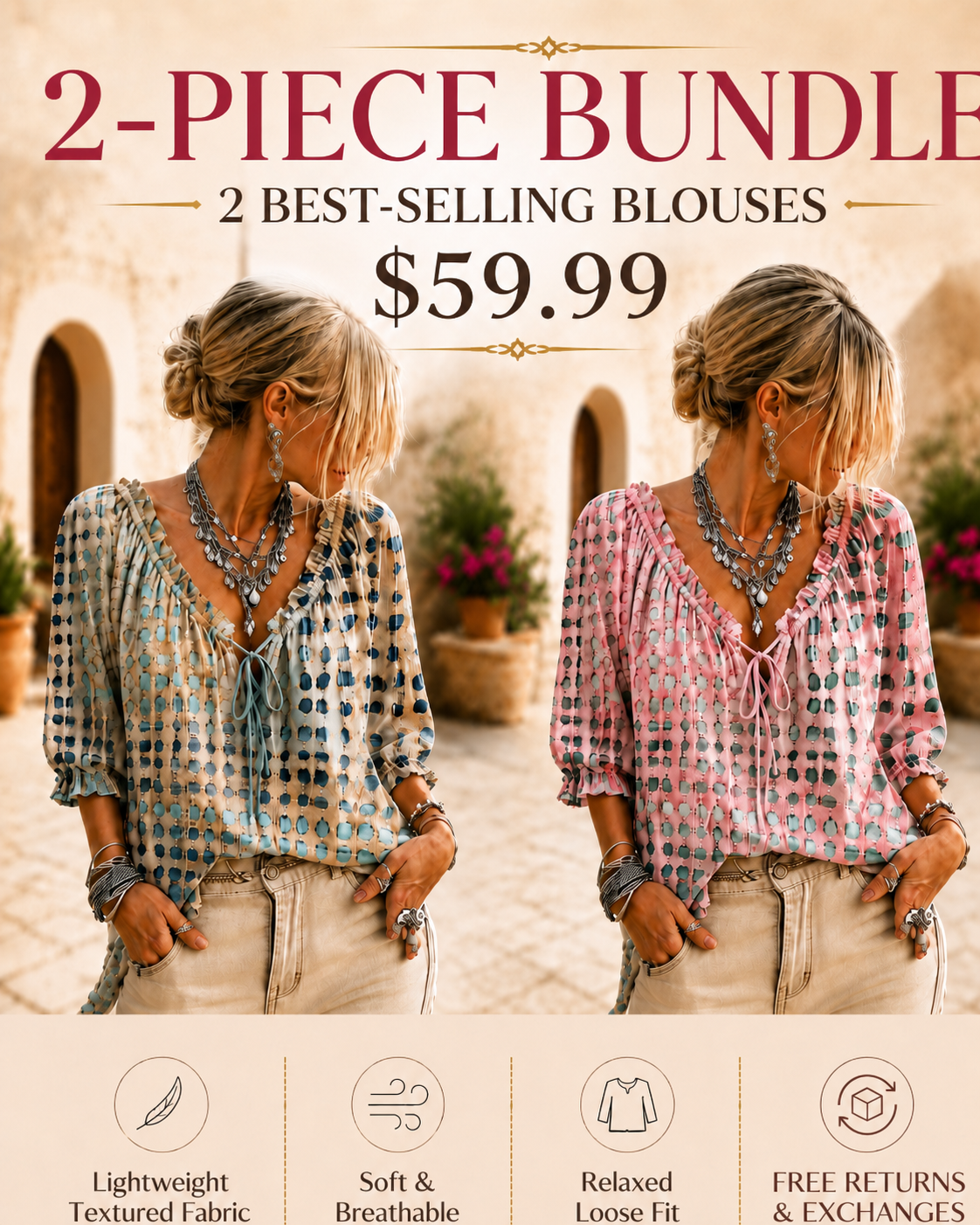Women’s Boho Ruffle V-Neck Printed Blouse