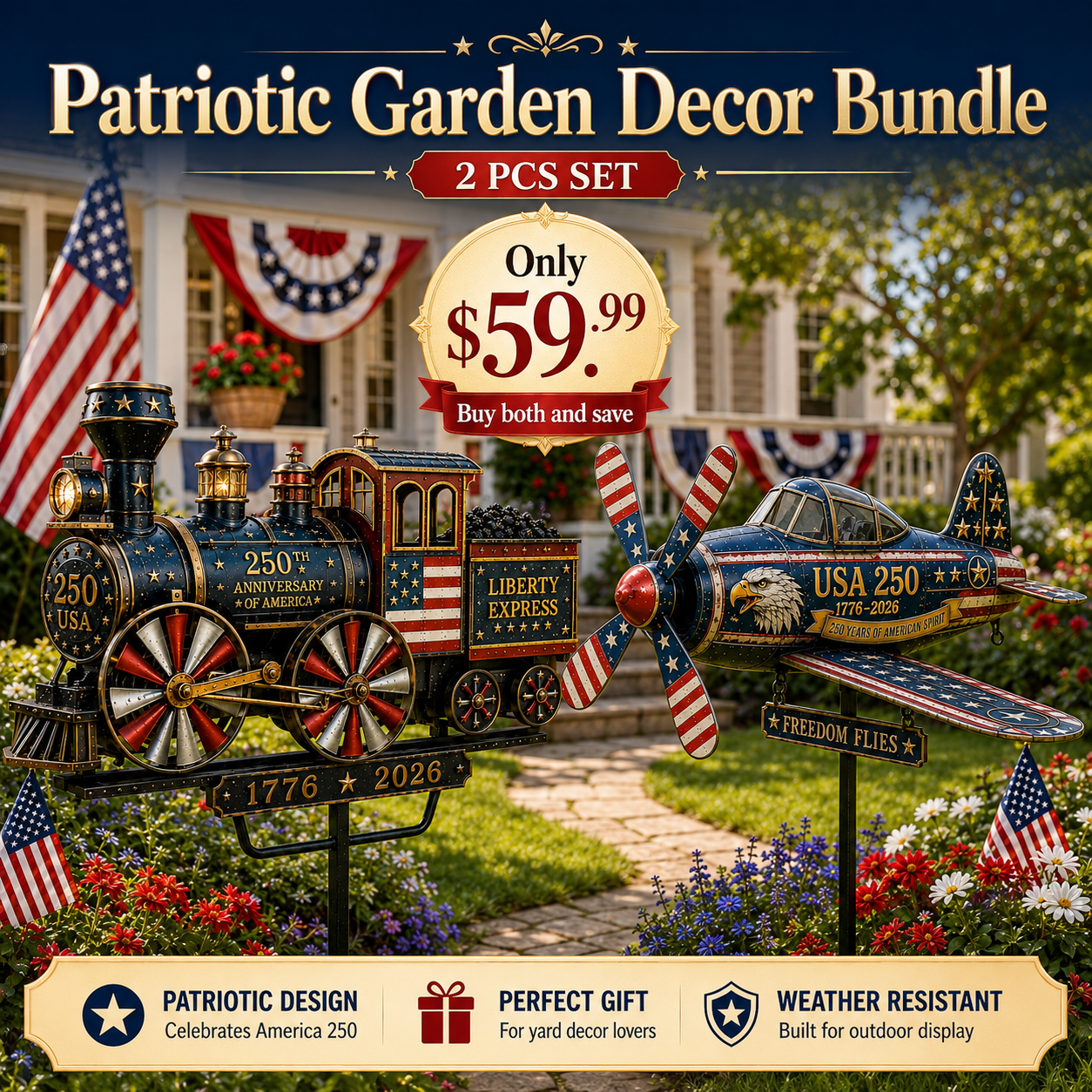 🔥 50% OFF Today Only 🔥🚂  Handmade Fire Truck & Liberty Train Yard Decor – America 250th Anniversary Edition