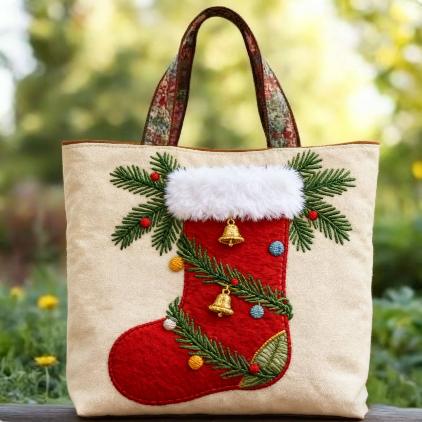 🎄 Festive Christmas Stocking Embroidered Tote Bag – Cozy Holiday Carr