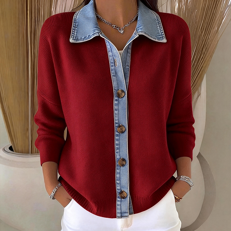 Women’s Slim Fit Knit Cardigan Denim Collar Button Front Sweater