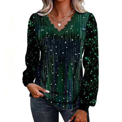 Women’s Casual Vintage Sequin V-Neck Blouse
