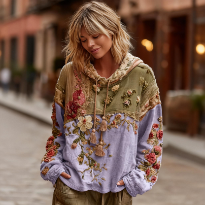 Women's Vintage Floral Patchwork Color Block Hoodie