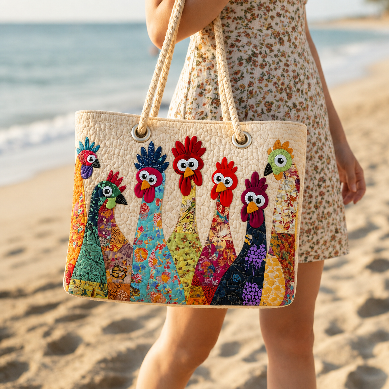 Colorful Rooster Quilted Beach Bag GFTOQA1531