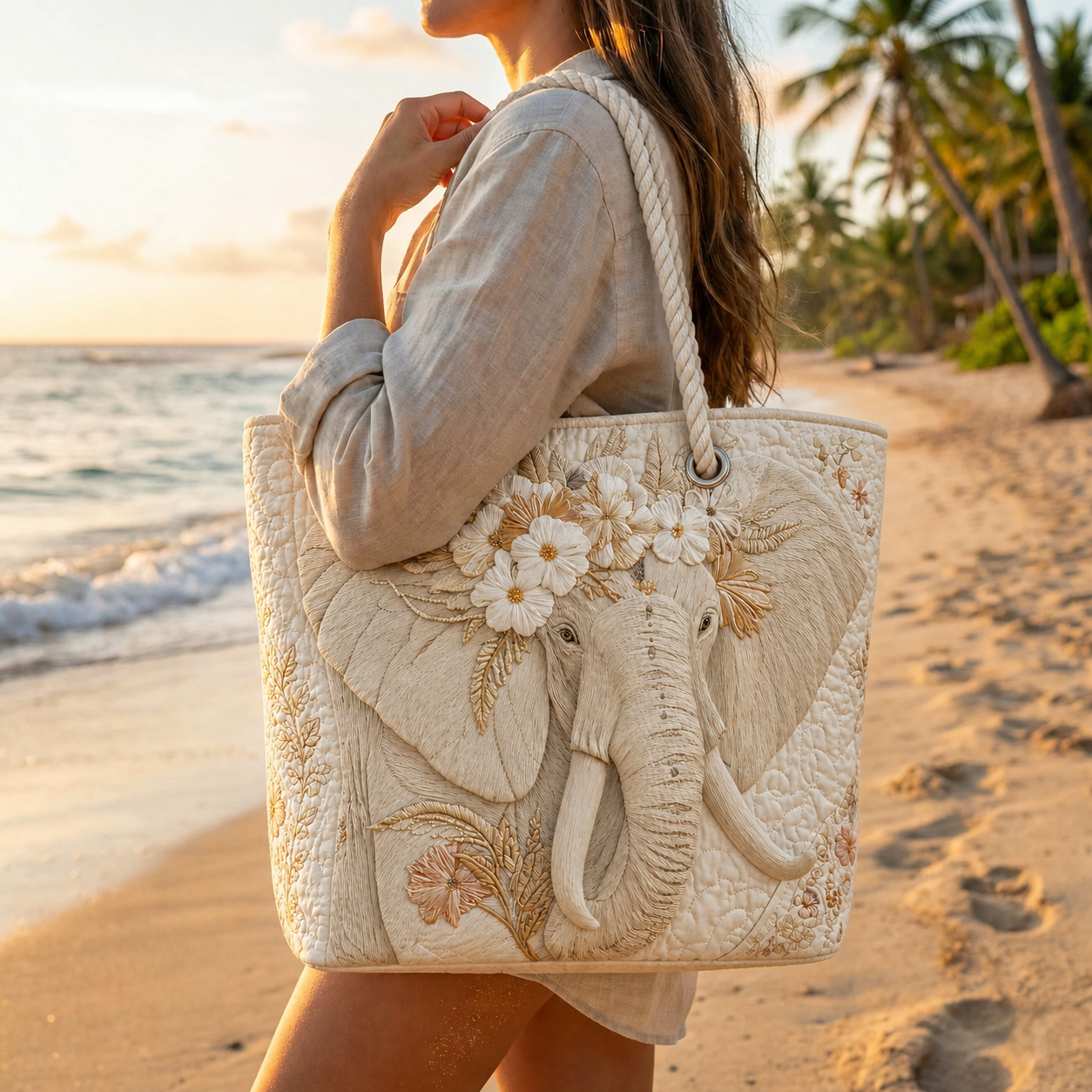 Ivory Elephant Bloom Quilted Beach Bag GFTOQA1565