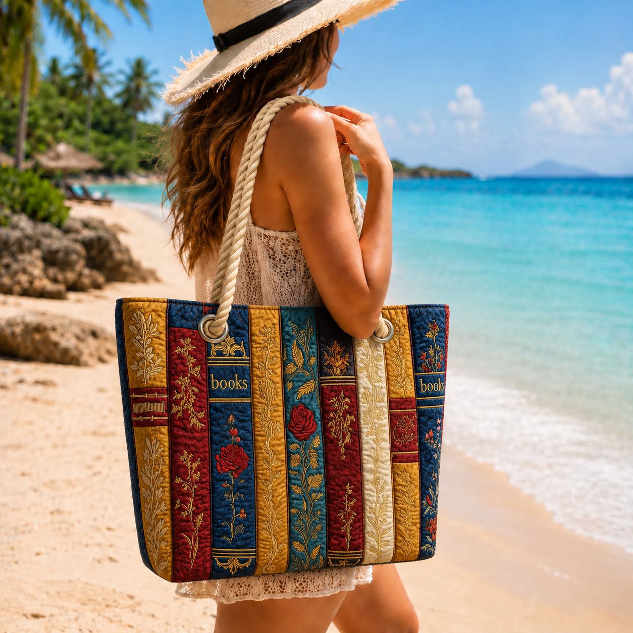 Vintage Rose Books Quilted Beach Bag GFTOQA1533