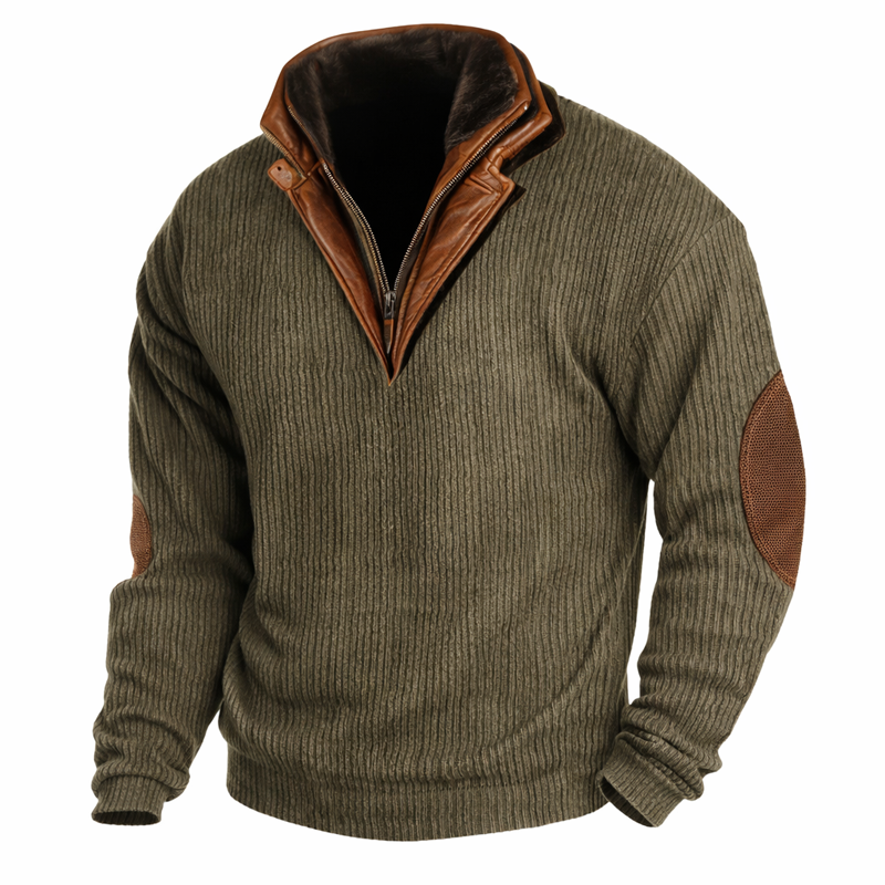 Men’s Vintage Wool Knit Sweater with Calfskin Stand Collar