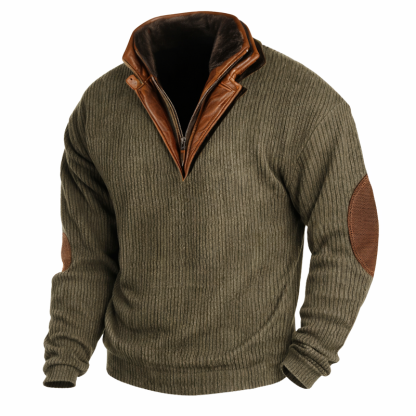 Men’s Vintage Wool Knit Sweater with Calfskin Stand Collar