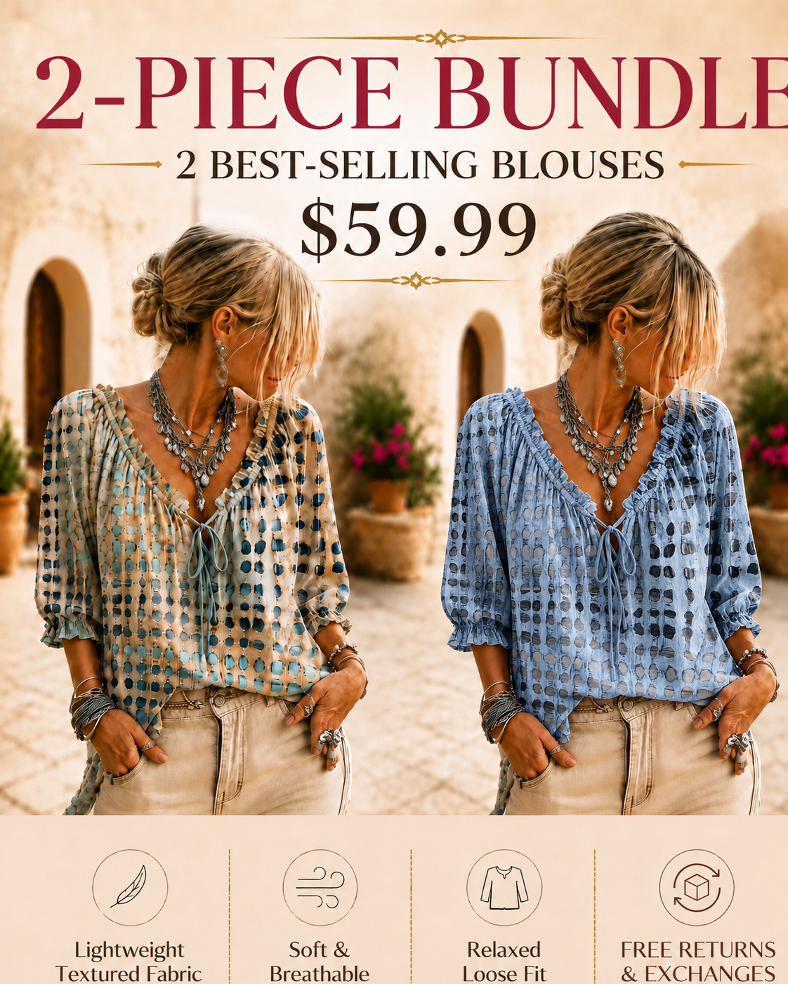 Women’s Boho Ruffle V-Neck Printed Blouse