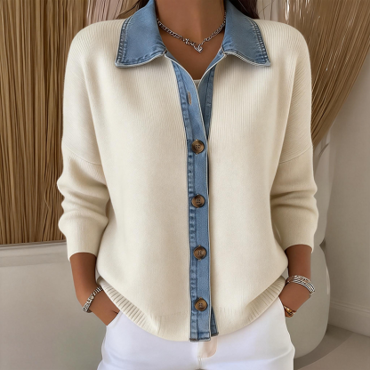 Women’s Slim Fit Knit Cardigan Denim Collar Button Front Sweater