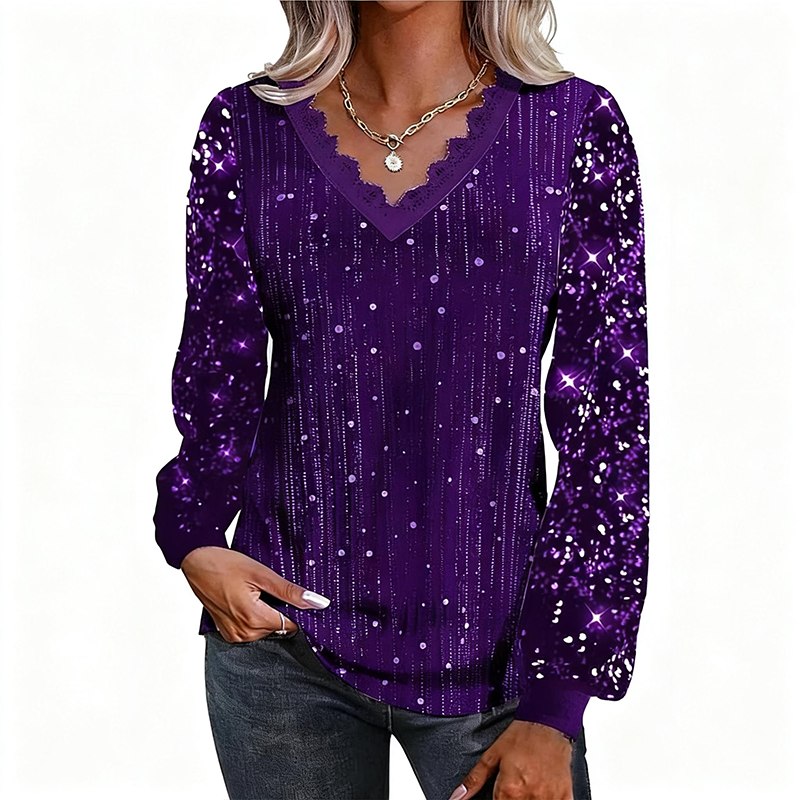 Women’s Casual Vintage Sequin V-Neck Blouse