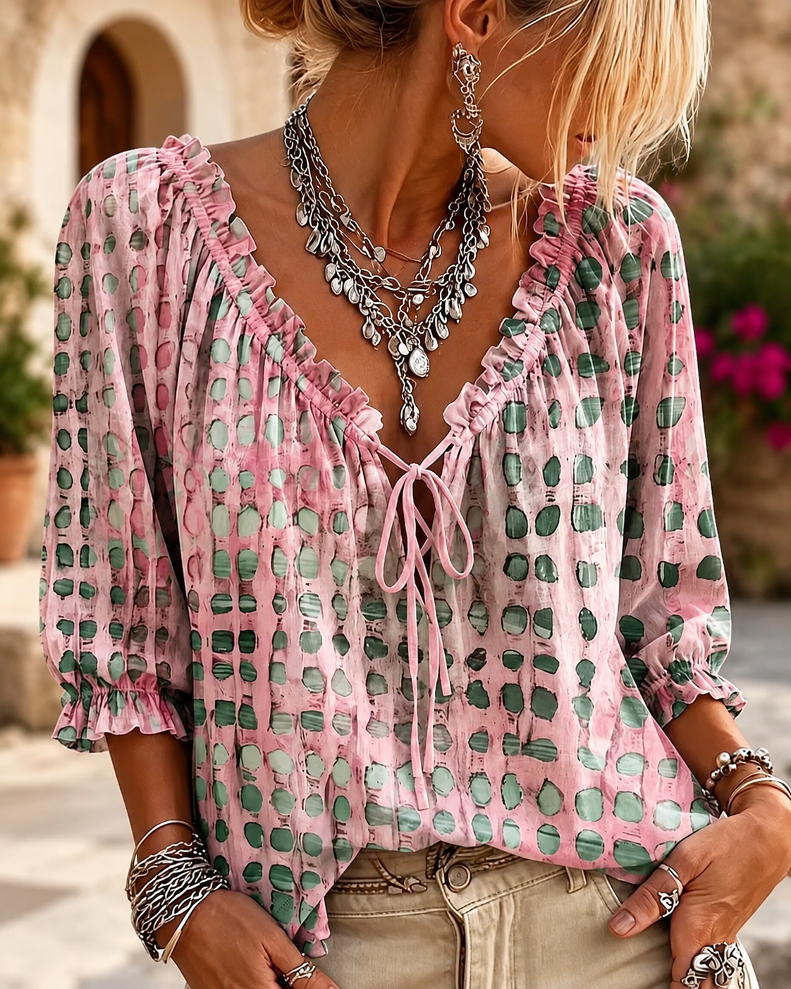 Polka Dot Lace Up Blouse