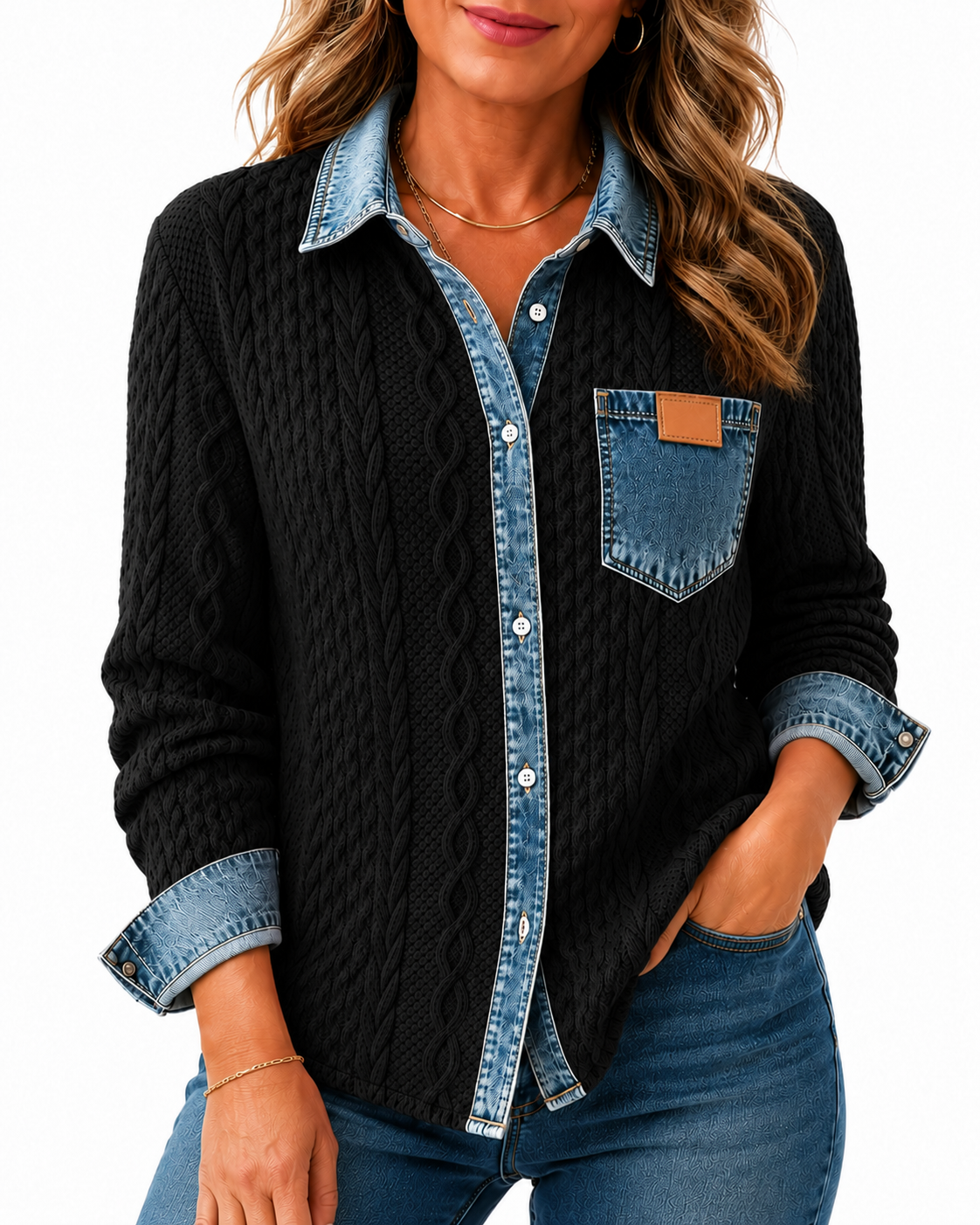 🎄Clearance Sale🔥 Women's Retro Knitted Denim Shirt