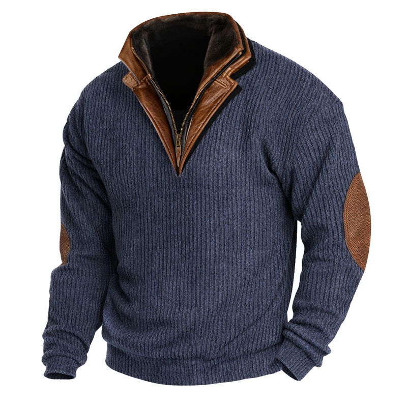 Men’s Vintage Wool Knit Sweater with Calfskin Stand Collar
