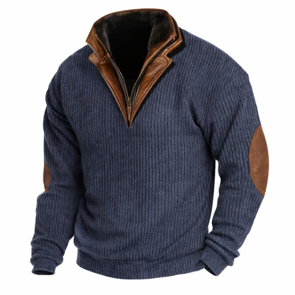 Men’s Vintage Wool Knit Sweater with Calfskin Stand Collar