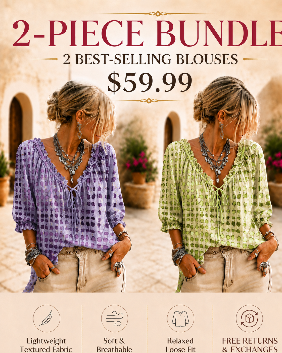 Women’s Boho Ruffle V-Neck Printed Blouse