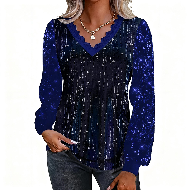 Women’s Casual Vintage Sequin V-Neck Blouse
