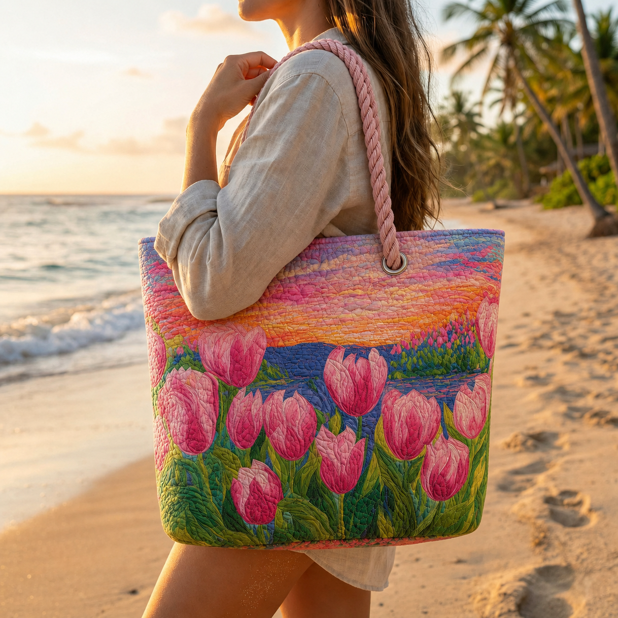 Sunset Tulip Garden Quilted Beach Bag GFTOQA1568