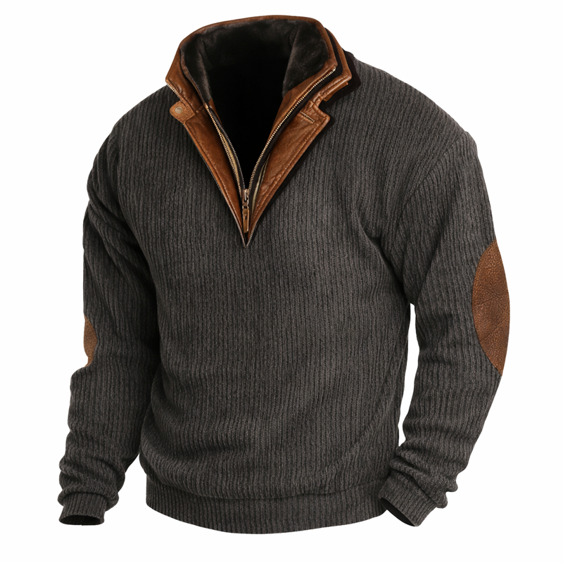 Men’s Vintage Wool Knit Sweater with Calfskin Stand Collar