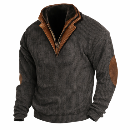 Men’s Vintage Wool Knit Sweater with Calfskin Stand Collar