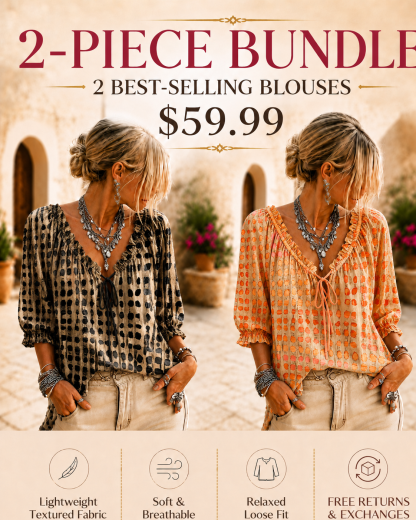 Women’s Boho Ruffle V-Neck Printed Blouse