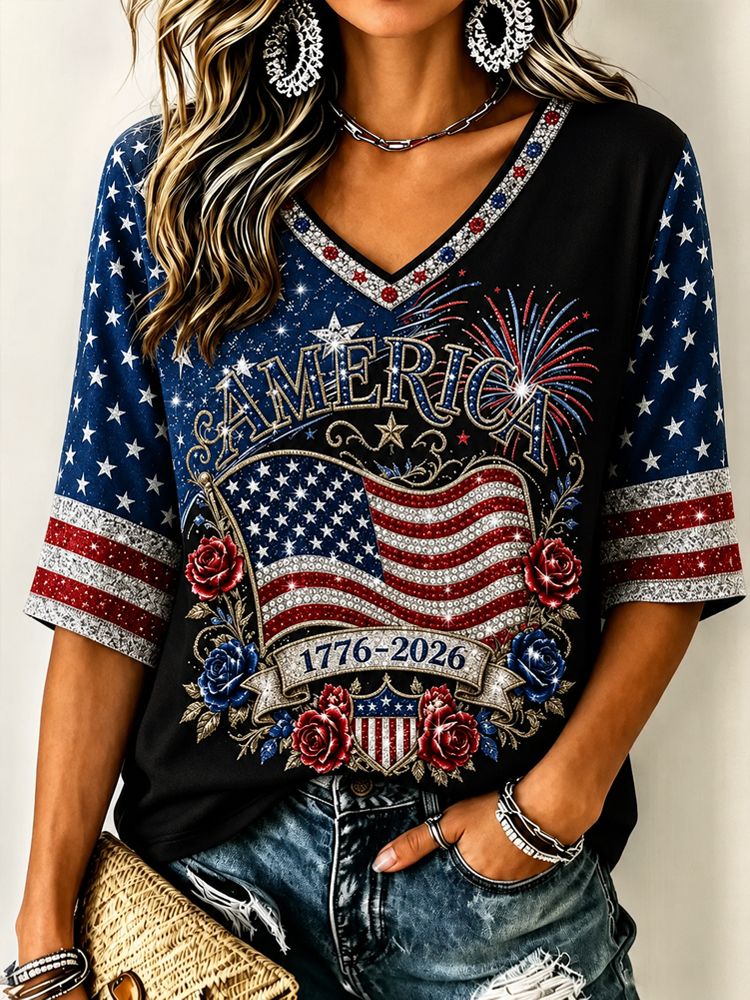 Women's Retro Independence Day Anniversary Print Cotton Linen T-shirt