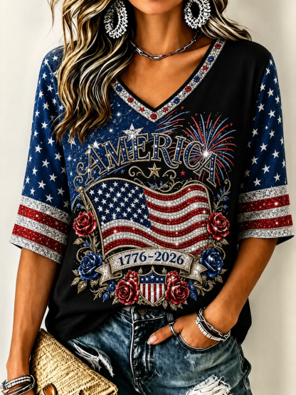 Women's Retro Independence Day Anniversary Print Cotton Linen T-shirt