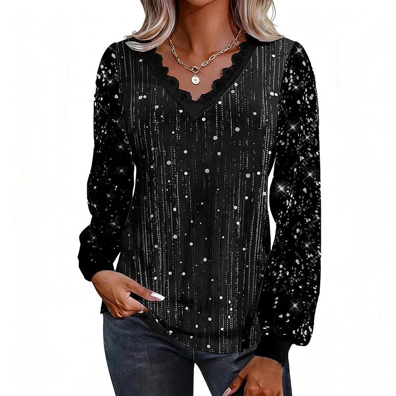 Women’s Casual Vintage Sequin V-Neck Blouse