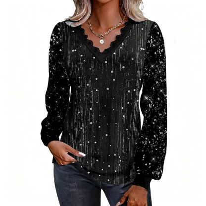 Women’s Casual Vintage Sequin V-Neck Blouse