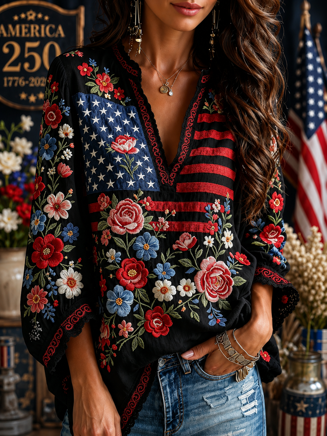 Vintage Floral Flag Art Cotton Linen V-neck Long Sleeve Top