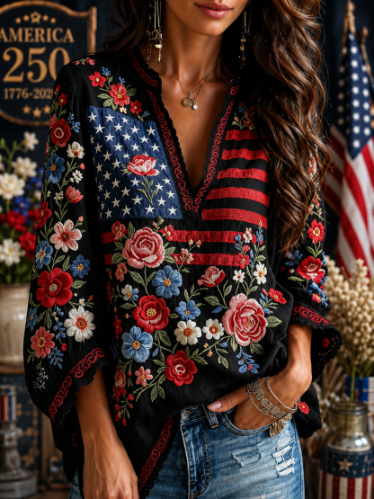 Vintage Floral Flag Art Cotton Linen V-neck Long Sleeve Top