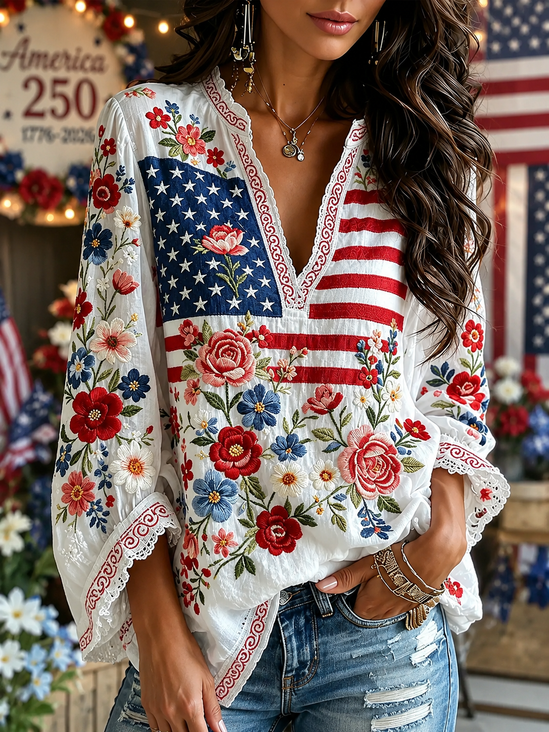 Vintage Floral Flag Art Cotton Linen V-neck Long Sleeve Top