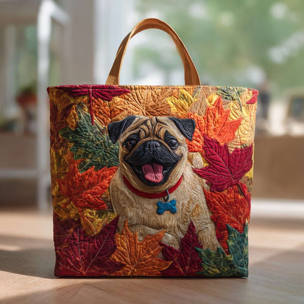 Leaf Pile Pug Quilted Tote  Bag