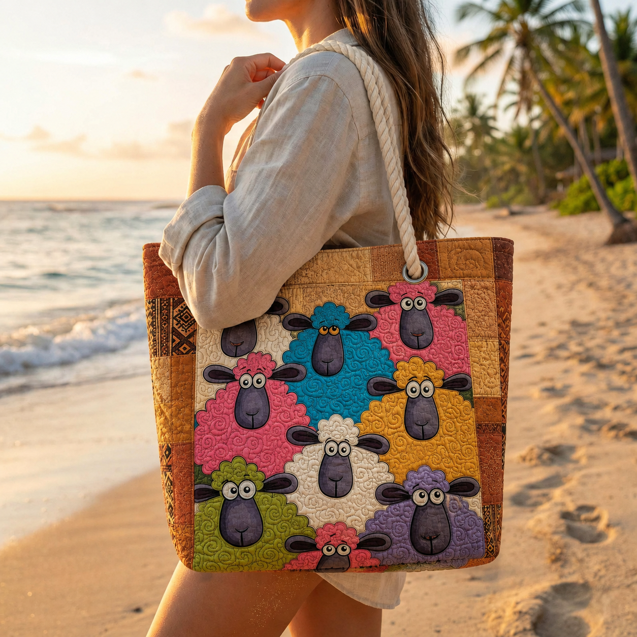 Colorful Sheep Flock Quilted Beach Bag GFTOQA1566