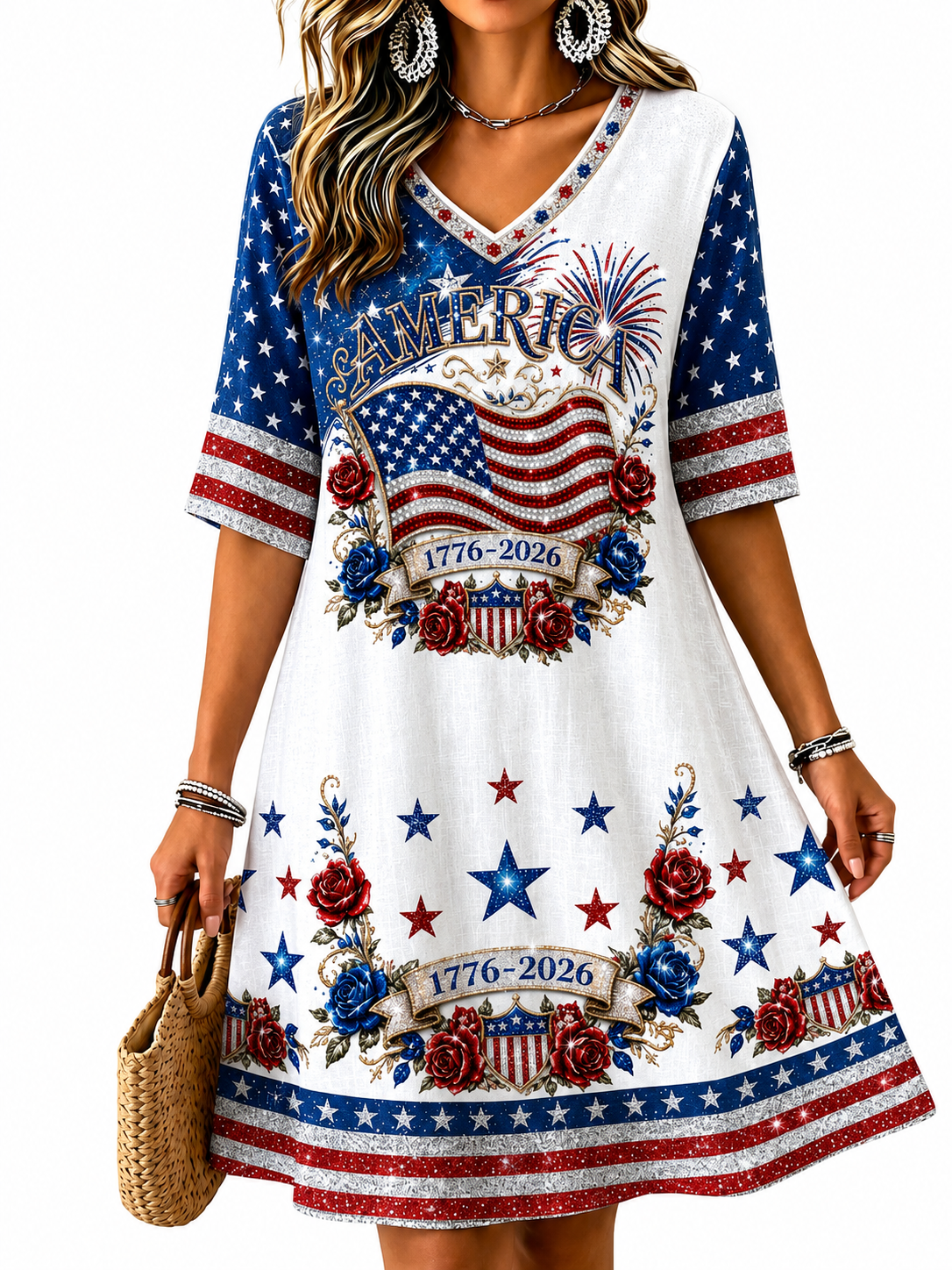 Women's Vintage Retro Independence Day Anniversary Print Art Print Linen Mini Dress